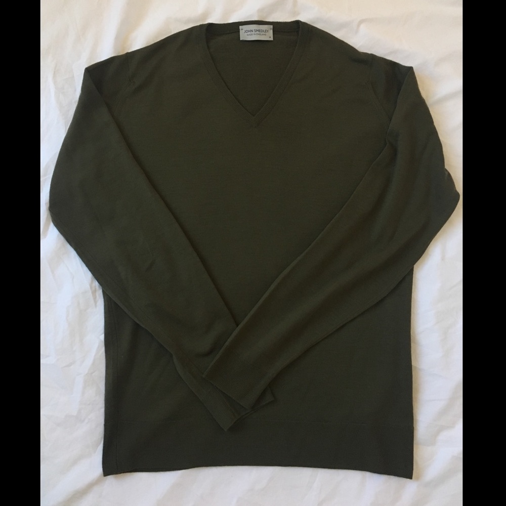 John Smedley olive green 100% merino wool sweater